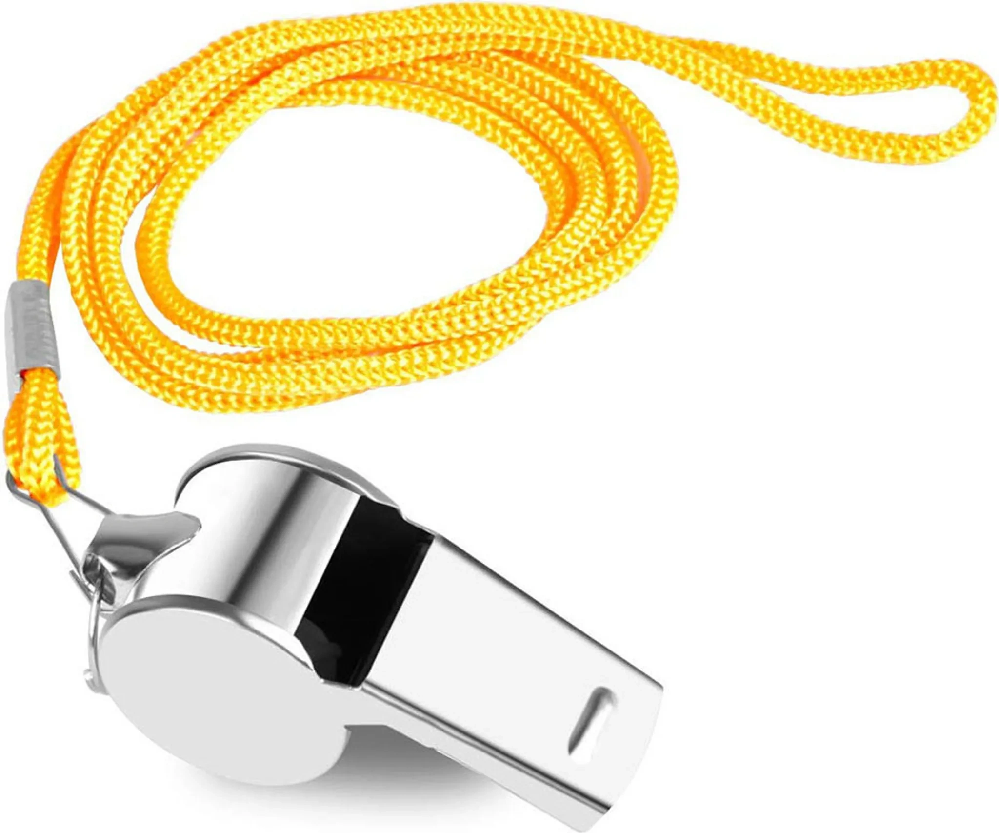 Trillerpfeife aus Edelstahl mit Schnur – Silber / Gelb