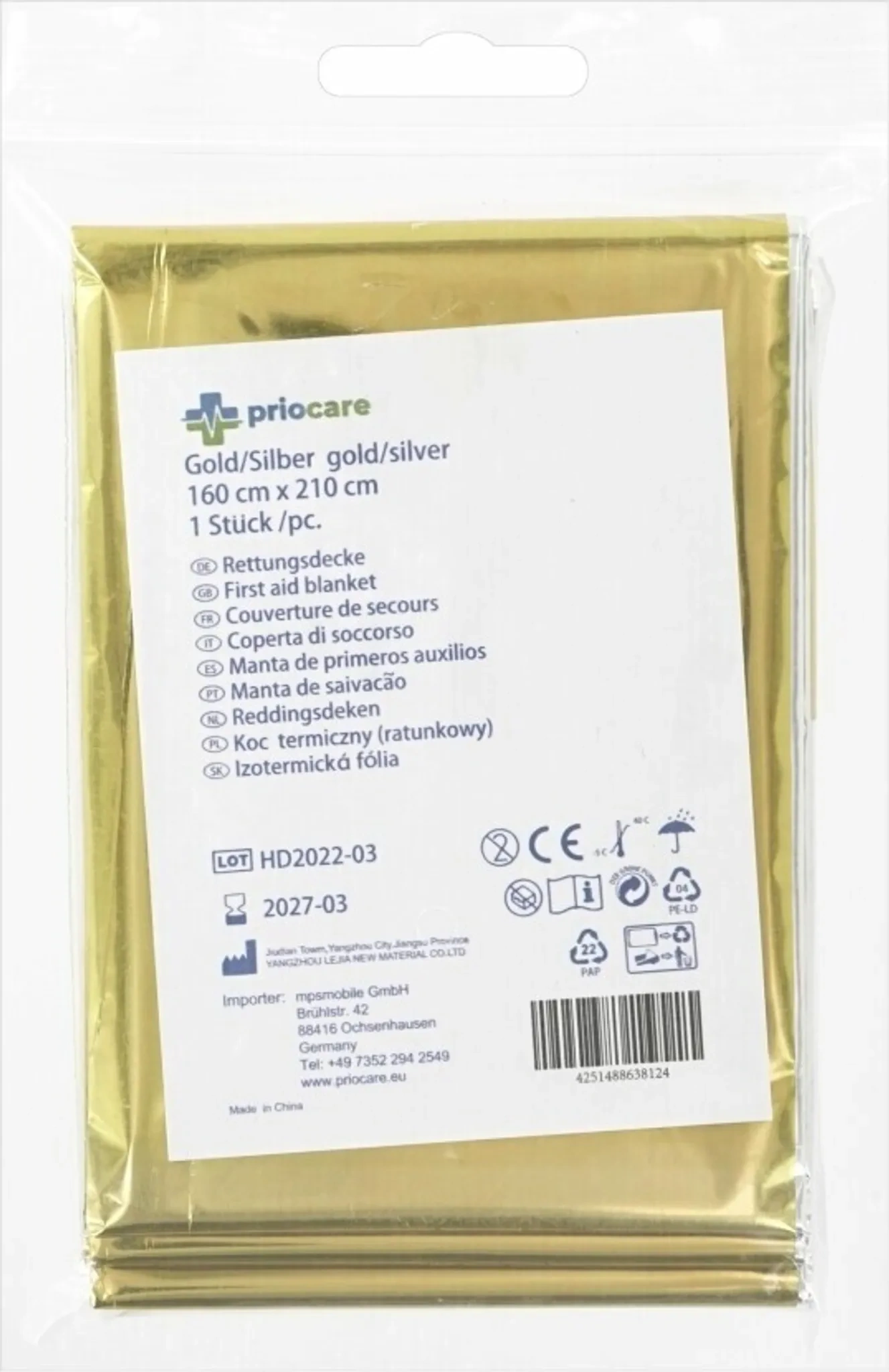 Rettungsdecke / Notfalldecke 160×210 cm Gold/Silber – Priocare LL2021072218